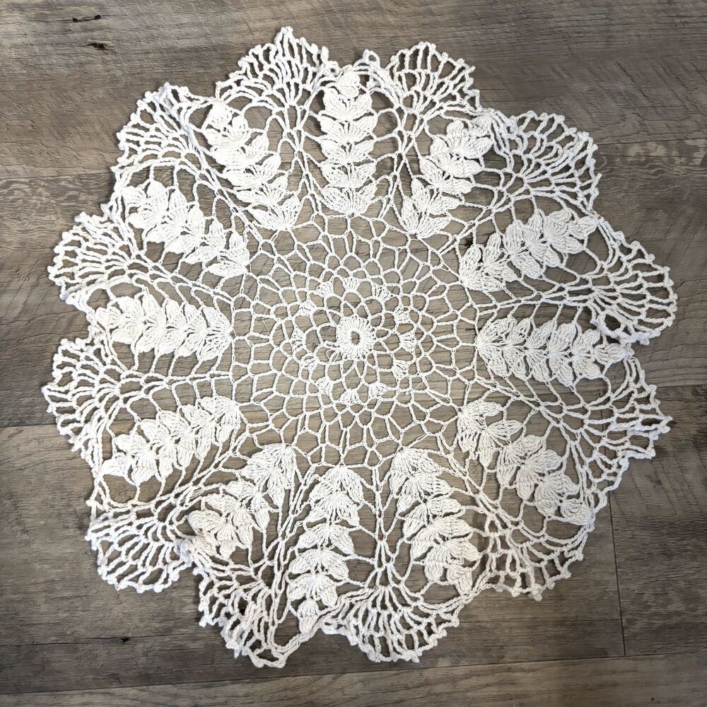 Vintage Handmade Crochet Doily 20" x 18" White Floral Lace Table Topper Decor